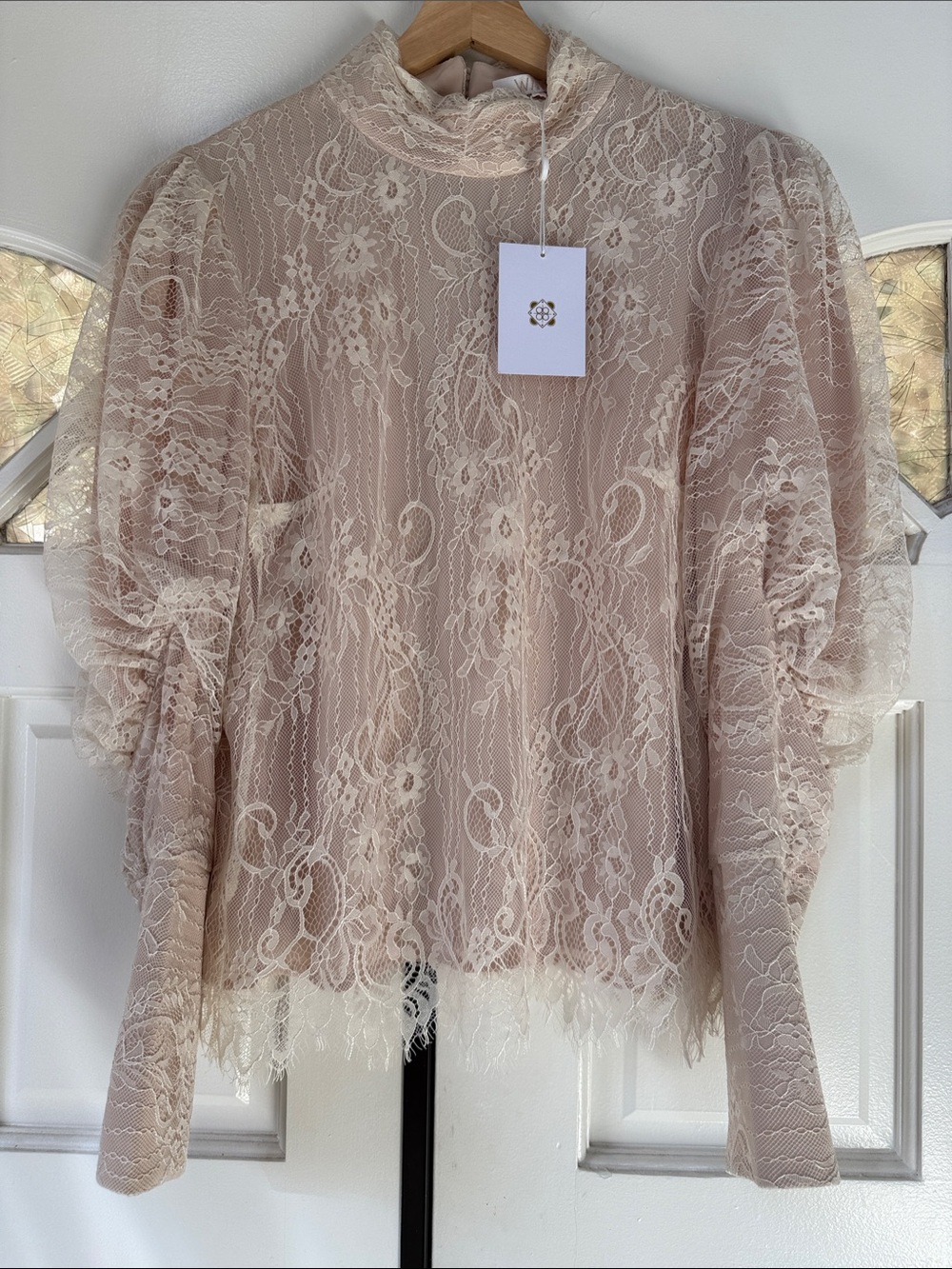 Wayf Cream Lace High-Neck Puff Sleeve Blouse